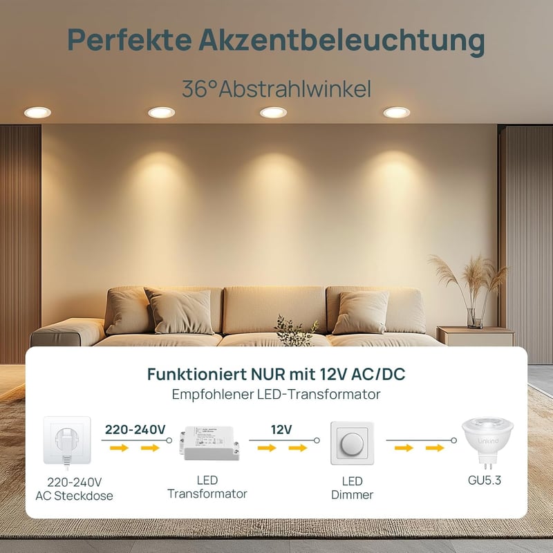 Linkind GU5.3 Dimmelhető LED Izzó 5.5W, 50W Ekvivalens, 2700K Meleg Fehér, 12V AC/DC MR16 Spotlámpa, 36° Szórási Szög, 465 Lumen, 5 db