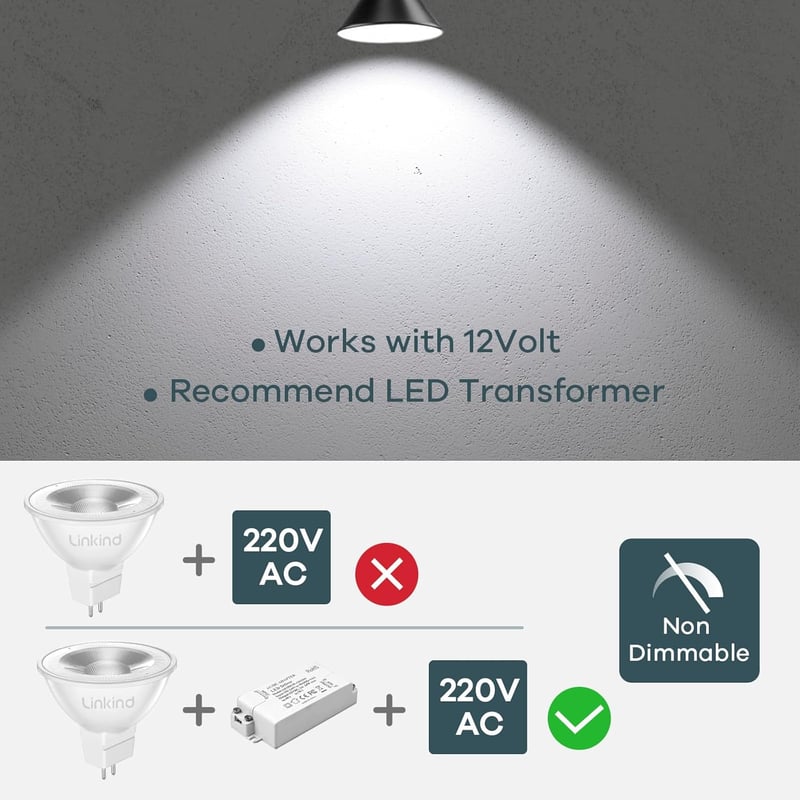 Linkind GU5.3 LED Spotlámpa, 5W, 520 Lumen, 5000K Nappali Fehér, 36° Szögű, 12V, Energiatakarékos MR16 Izzó, Beltéri Használatra, 5 Darabos 