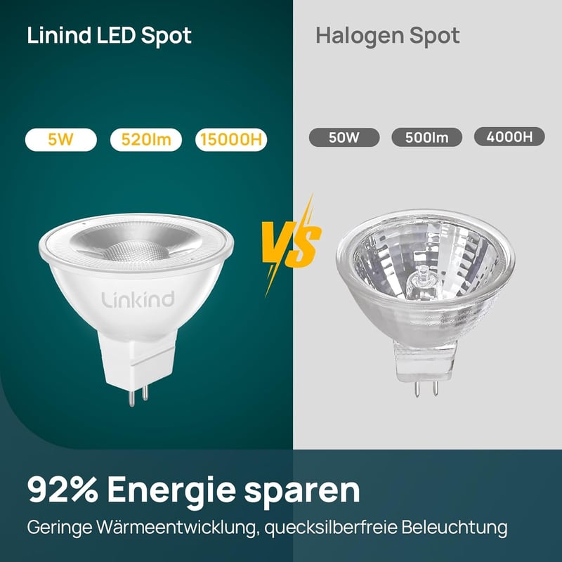 Linkind GU5.3 MR16 LED 5W izzó, 12V, 2700K meleg fehér, 36° szórási szög, 520 lumen, 50W helyettesítő, 5 darabos csomag