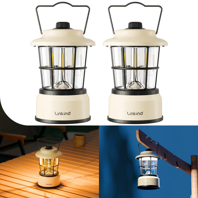 Stmievateľná LED kempingová lampa Linkind, 2 farby svetla, retro dizajn na batérie, výdrž 200 hodín, vodoodolnosť IPX4, prenosná, vhodná na kempovanie a turistiku