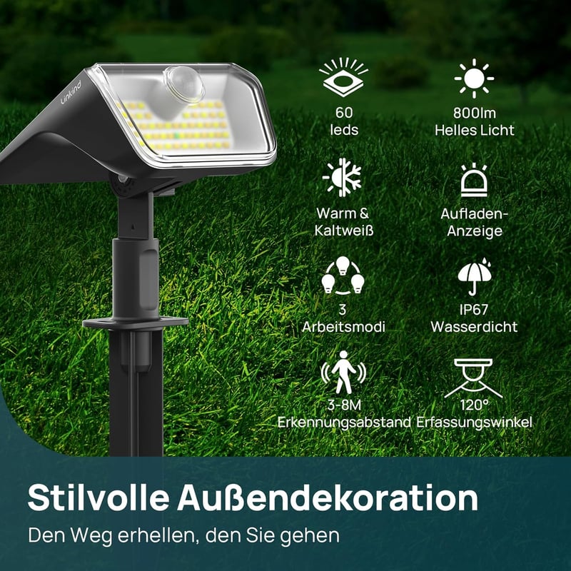 Linkind napelemes mozgásérzékelős kültéri lámpa 60 LED meleg/hideg fehér 800lm IP67