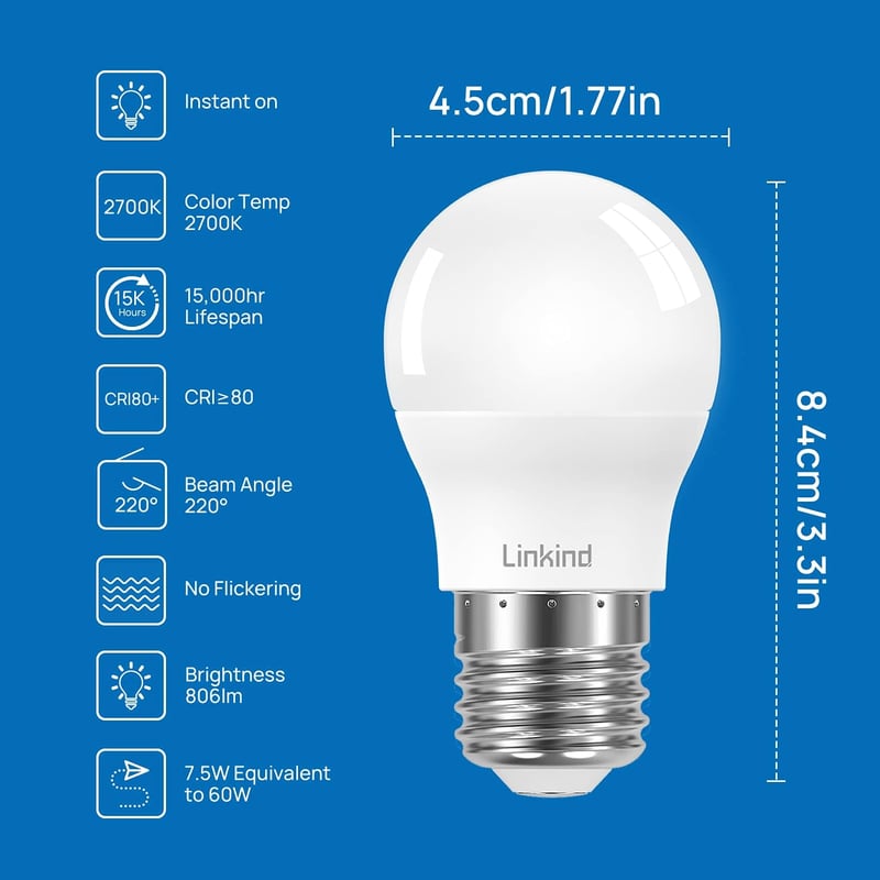 Linkind P45 E27 LED Izzó 7.5W, 60W Helyettesítő, 806lm Meleg Fehér 2700K, 220° Szórási Szög, Beltéri Világítás, 6 Darabos Csomag