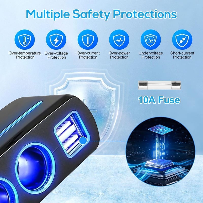 Linkstyle 120W autós szigarettagyújtó adapter 3 aljzat 2 USB port LED lámpával