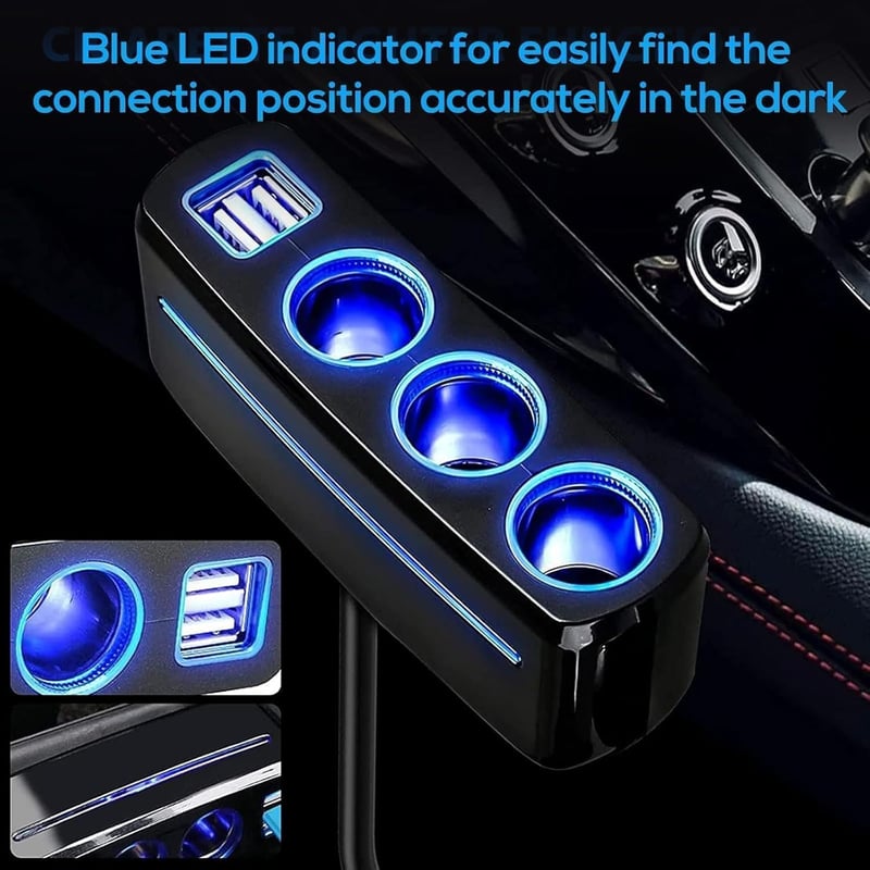 Linkstyle 120W autós szigarettagyújtó adapter 3 aljzat 2 USB port LED lámpával