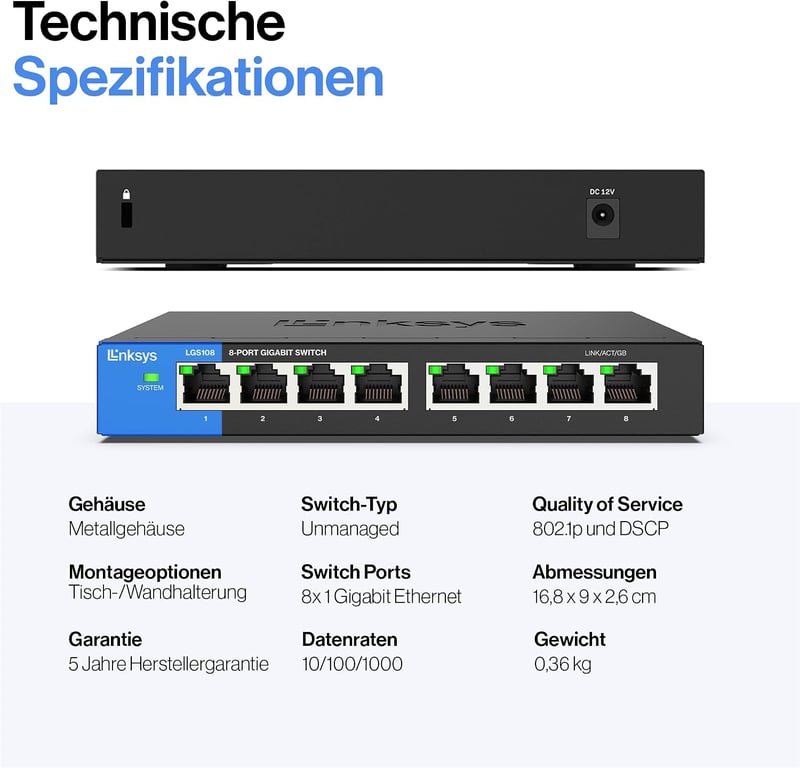 Linksys LGS108-EU 8 portos Gigabit hálózati switch fém házban