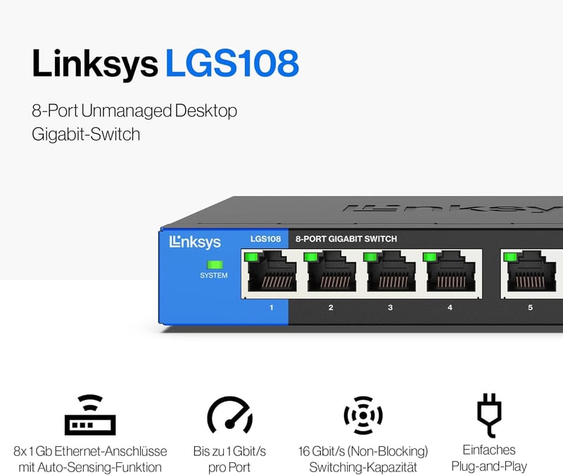 Linksys LGS108-EU 8 portos Gigabit hálózati switch fém házban