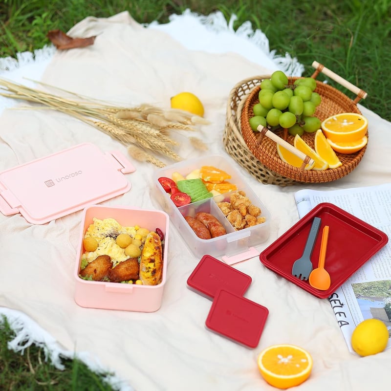 linoroso 3 Rekeszes Ebéddoboz Felnőtteknek, Bento Box Szószos Tartóval, Mikrózható és Mosogatógépben Mosható