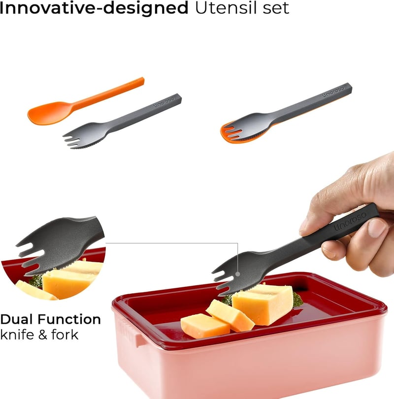 linoroso 3 Rekeszes Ebéddoboz Felnőtteknek, Bento Box Szószos Tartóval, Mikrózható és Mosogatógépben Mosható
