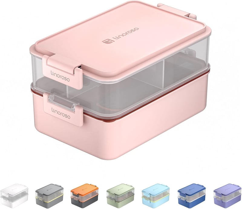linoroso 3 Rekeszes Ebéddoboz Felnőtteknek, Bento Box Szószos Tartóval, Mikrózható és Mosogatógépben Mosható