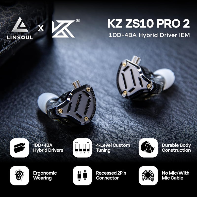 LINSOUL KZ ZS10 PRO 2 Hibrid Fülhallgató 1DD+4BA Hangszóróval, Hangolható Gamer IEM