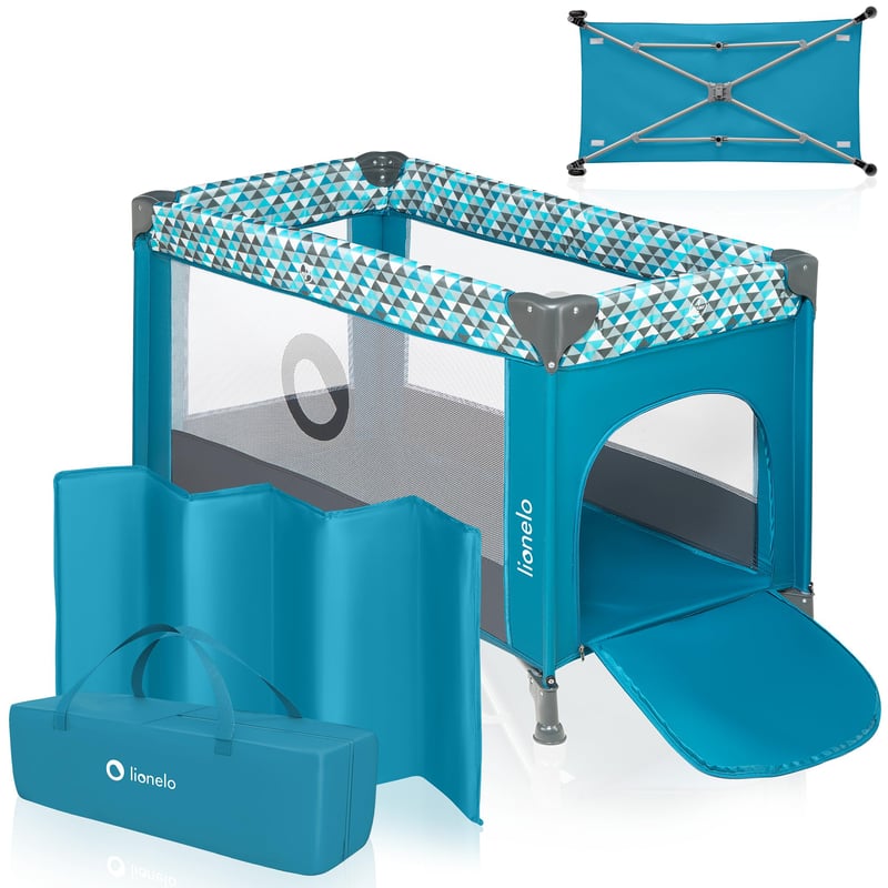 Pătuț pliant și țarc Lionelo Stefi de la naștere până la 15 kg, sistem de siguranță LockGuard, intrare laterală, blocare roți, pliabil, geantă de transport