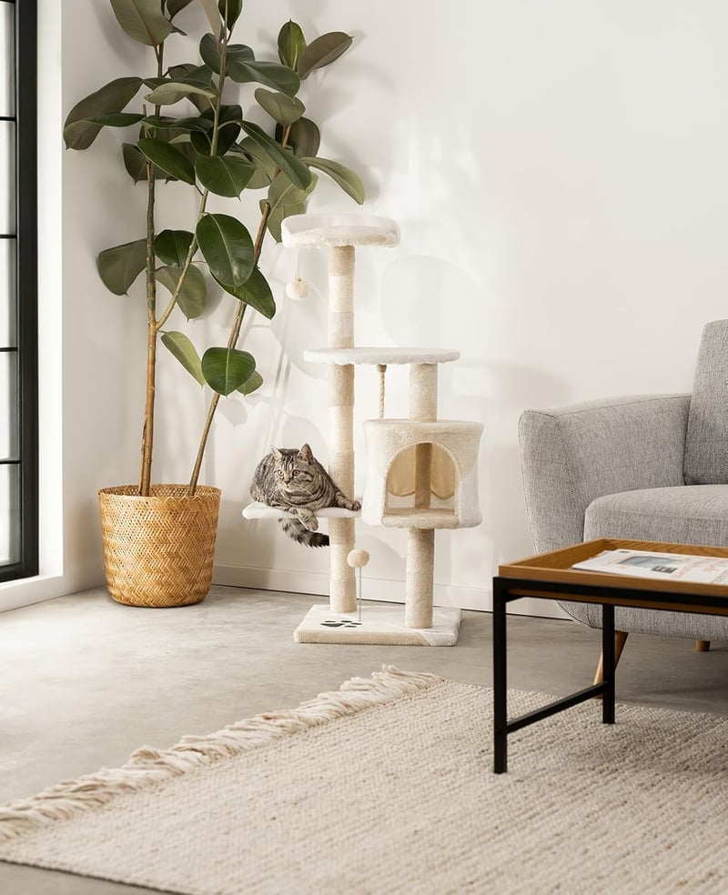 lionto Macskakaparó 112 cm magas, plüss labdákkal, játékkötelekkel, barlang és fekvőhellyel, bézs/fehér - Beige/White