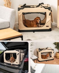lionto skladacia prepravka pre psov 82x58x58 cm béžová, prenosná cestovná prepravka do auta pre mačky a psy do 18 kg, so sieťovanými oknami 2