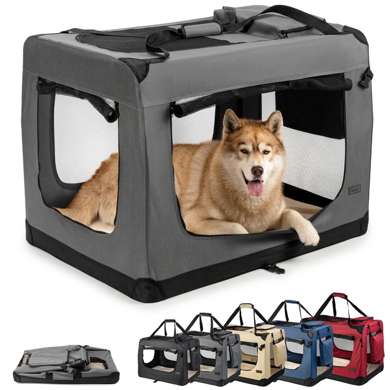 Cușcă pliantă pentru transport câini lionto, pentru călătorii și mașină, 101x69x70 cm, gri, pentru pisici și câini de până la 25 kg, cu mânere de transport