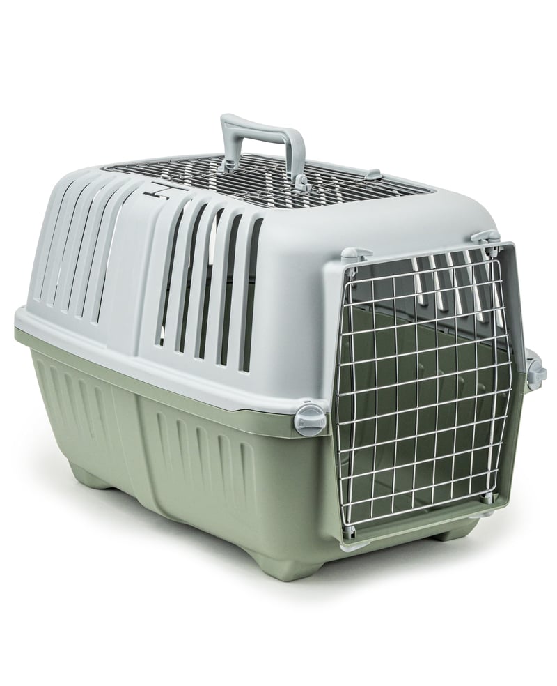 Cușcă de transport pentru câini lionto din plastic verde, cu grilaj metalic, sistem de închidere, mâner, 58,5 x 35,5 x 40 cm, până la 15 kg, pentru pisici și animale mici