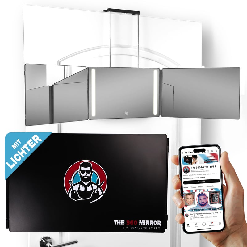 LIPFISBARBERSHOP.COM Oglindă 360 cu LED cu trei panouri pentru tuns și coafat pe cont propriu