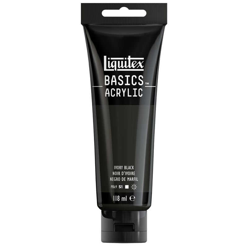 Akrylová farba Liquitex Basics 8870038, slonovinová čierna, 118 ml, jednopigmentová, svetlostála, archívna kvalita, hodvábne lesklý povrch