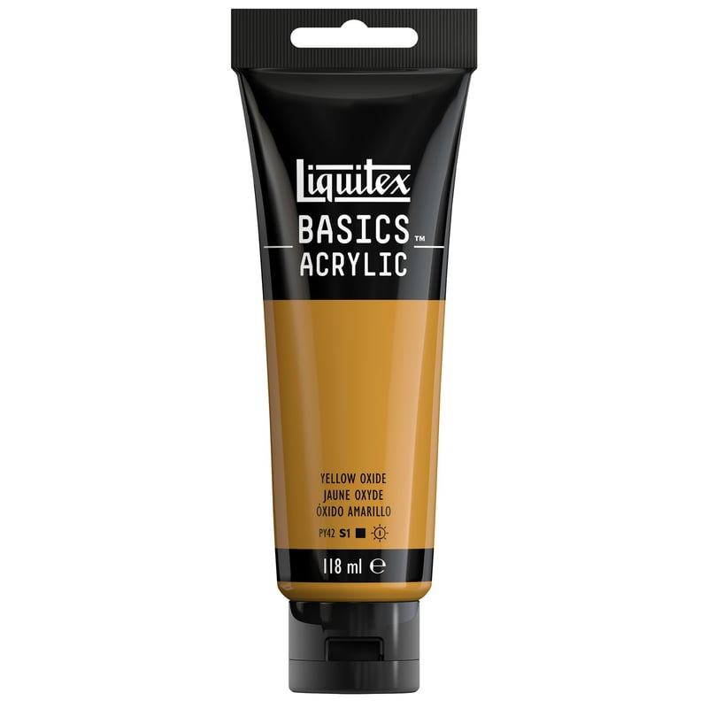 Akrylová farba Liquitex Basics 118 ml v tube – Oxidgelb žltá, jednopigmentová, svetlostála, stredná viskozita, hodvábny lesk, archívna kvalita