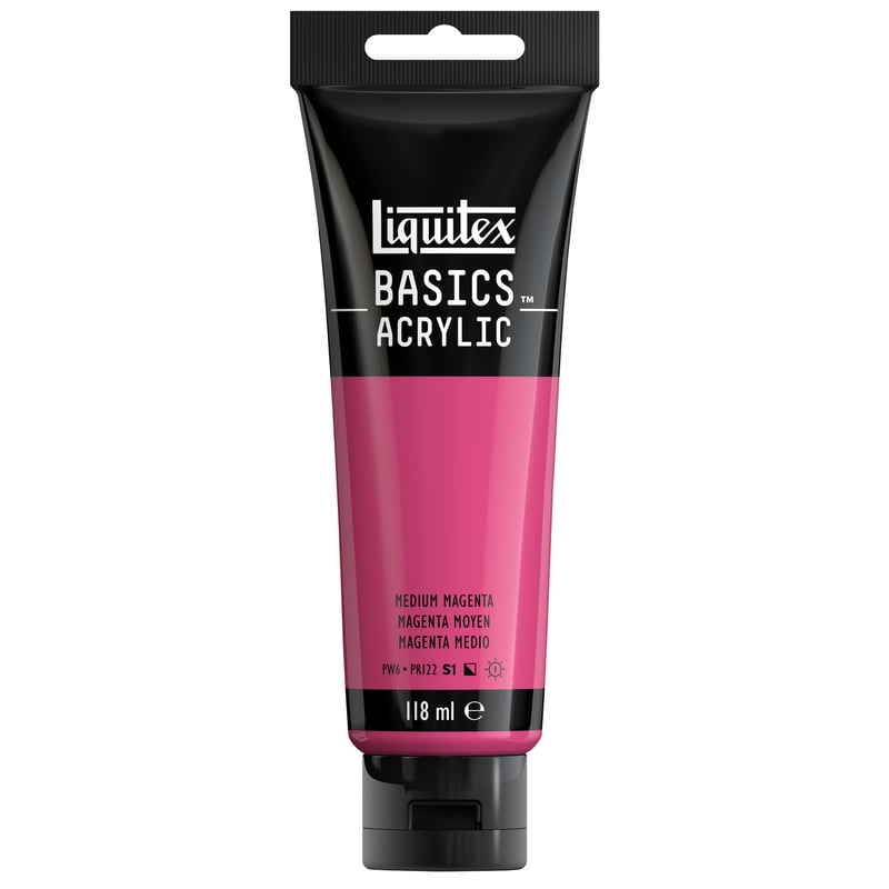 Akrylová farba Liquitex Basics, 118 ml tuba – stredná purpurová, jednopigmentová, svetlostála, so saténovým povrchom