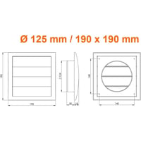 LIRAST Grilă de ventilație Gri 190x190mm / Ø125mm - Grilă terminală din plastic cu jaluzele, flanșă și protecție cu plasă anti-insecte - Capac de ventilație pentru baie, Bu 2