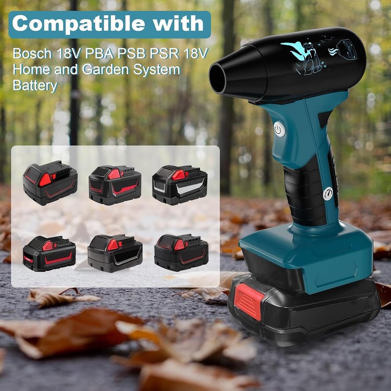 LIROPAU Akkus Lombfúvó Bosch 18V GBA Akkumulátorral Kompatibilis - Hordozható Kézi Levegőfúvó 4 Fokozattal, 3 Fúvókával, Portalanításhoz és 