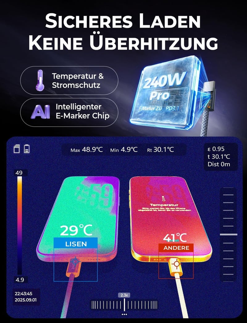 LISEN 240W USB-C Kábel 2m Szett (2db) iPhone 17/16/15 Pro Max, MacBook, iPad, Samsung Galaxy S25/S24 Gyorstöltő PD3.1 Kompatibilis Töltőkábe