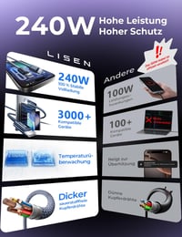 LISEN 240W USB-C Kábel 2m Szett (2db) iPhone 17/16/15 Pro Max, MacBook, iPad, Samsung Galaxy S25/S24 Gyorstöltő PD3.1 Kompatibilis Töltőkábe 2