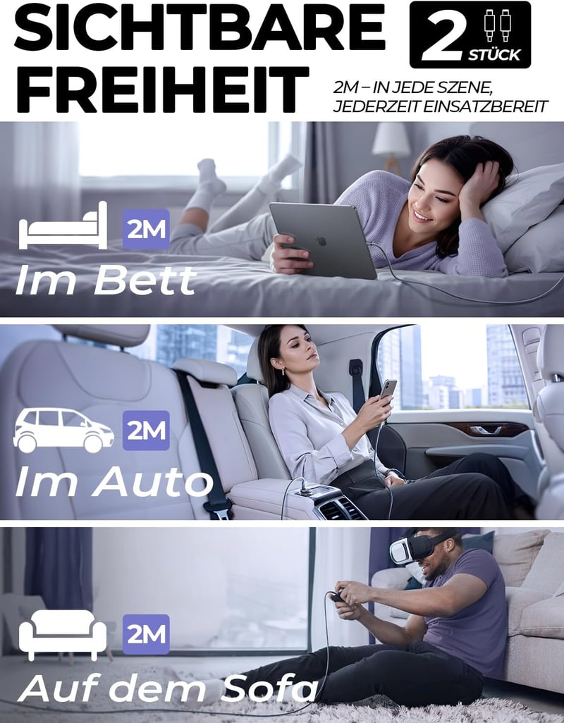LISEN 240W USB-C Kábel 2m Szett (2db) iPhone 17/16/15 Pro Max, MacBook, iPad, Samsung Galaxy S25/S24 Gyorstöltő PD3.1 Kompatibilis Töltőkábe