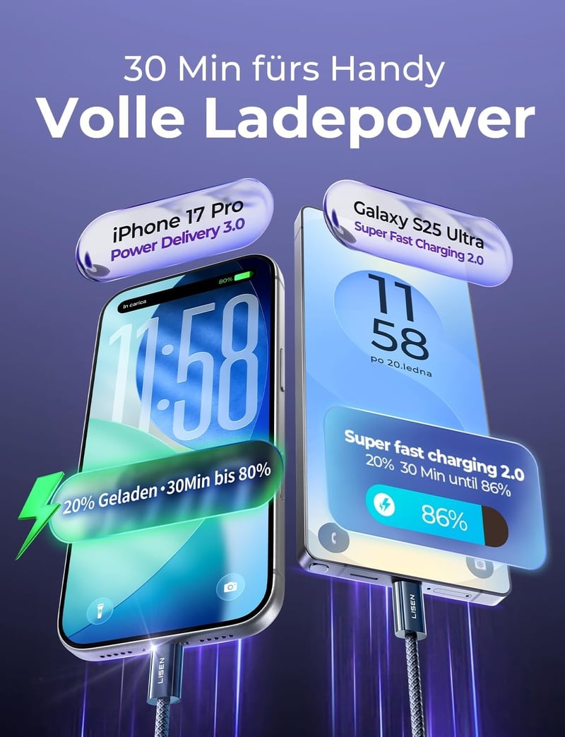 LISEN 240W USB-C Kábel 2m Szett (2db) iPhone 17/16/15 Pro Max, MacBook, iPad, Samsung Galaxy S25/S24 Gyorstöltő PD3.1 Kompatibilis Töltőkábe