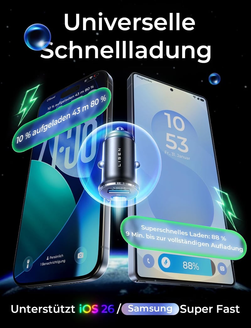LISEN 54W PD&QC3.0 Autós Szivargyújtó Töltő USB-C Csatlakozóval - Gyorstöltő iPhone és Samsung Készülékekhez, Túlfeszültség Védelemmel