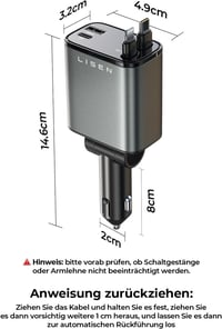 Adaptor auto de încărcare rapidă LISEN 84W cu USB-C retractabil pentru iPhone și Android, încărcător auto 9