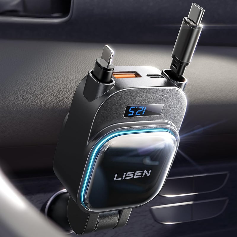 Încărcător auto LISEN 96 W 4 în 1 la brichetă cu afișaj de tensiune USB-C, încărcare rapidă 12-24 V pentru iPhone 16 15 Pro Max, Galaxy S25 S24 Ultra