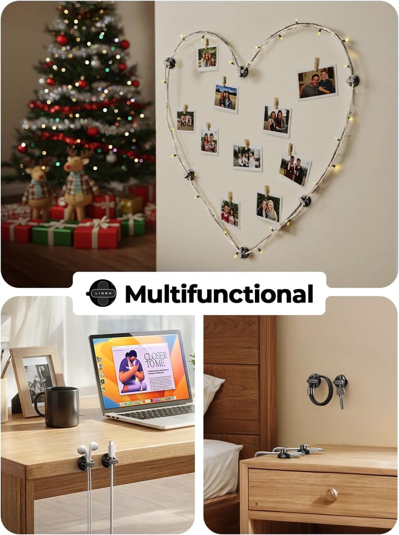 LISEN Mágneses Kábelrendező Szett 8db - Asztali Kábeltartó Klipszek 4 Extra Tapadófelülettel, Falra, HDMI, USB Kábelekhez