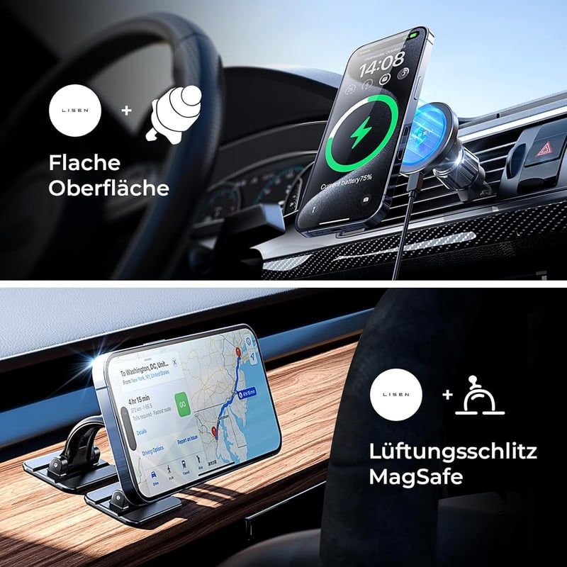 LISEN MagSafe Autós Telefontartó 15W Vezeték Nélküli Töltéssel iPhone-hoz - black
