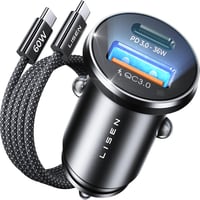LISEN PD&QC3.0 54W Cigarette Lighter USB C 12V USB Adapter Car Charger with 60W Cable Metal USB Cigarette Lighter Adapter Car Charger USB C for iPhone 17 Pro Max Air 16 Samsung S25 Ultra iPad 1