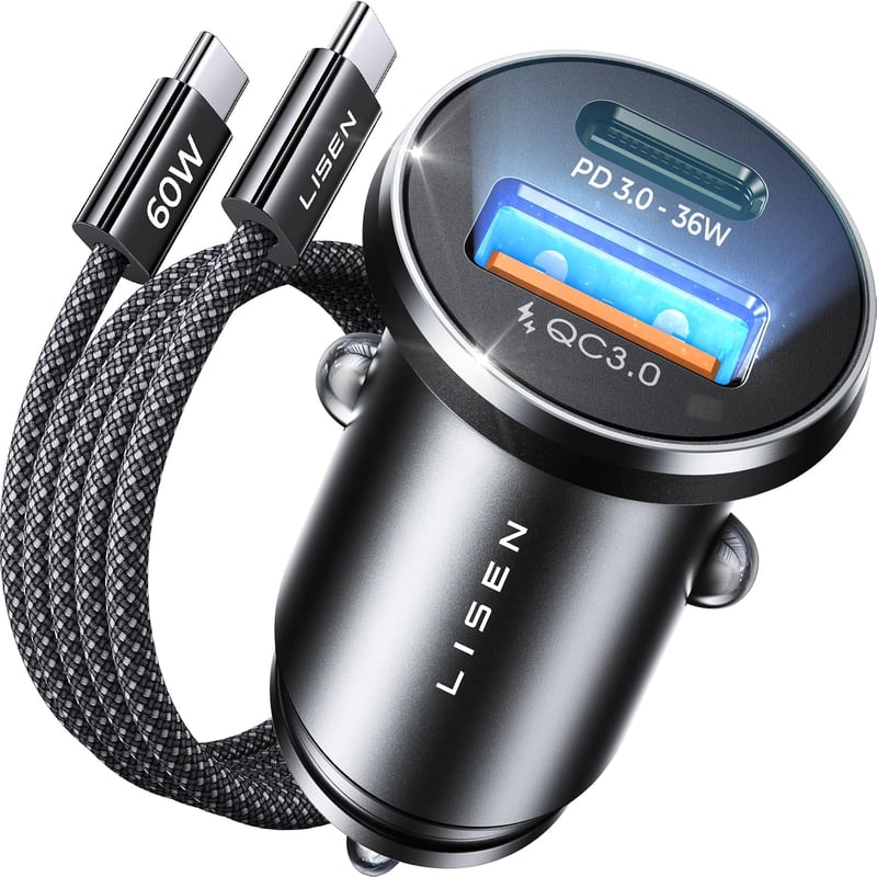 LISEN PD&QC3.0 54W Cigarette Lighter USB C 12V USB Adapter Car Charger with 60W Cable Metal USB Cigarette Lighter Adapter Car Charger USB C for iPhone 17 Pro Max Air 16 Samsung S25 Ultra iPad