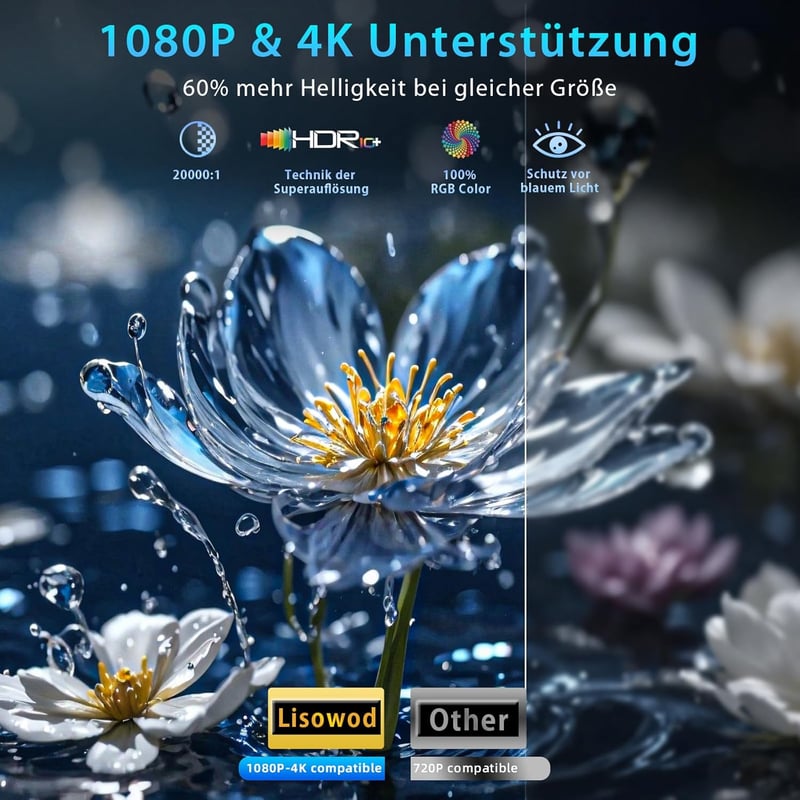 Lisowod 4K Full HD Mini Projektor WiFi Bluetooth 300 Hüvelyk Otthoni Mozi