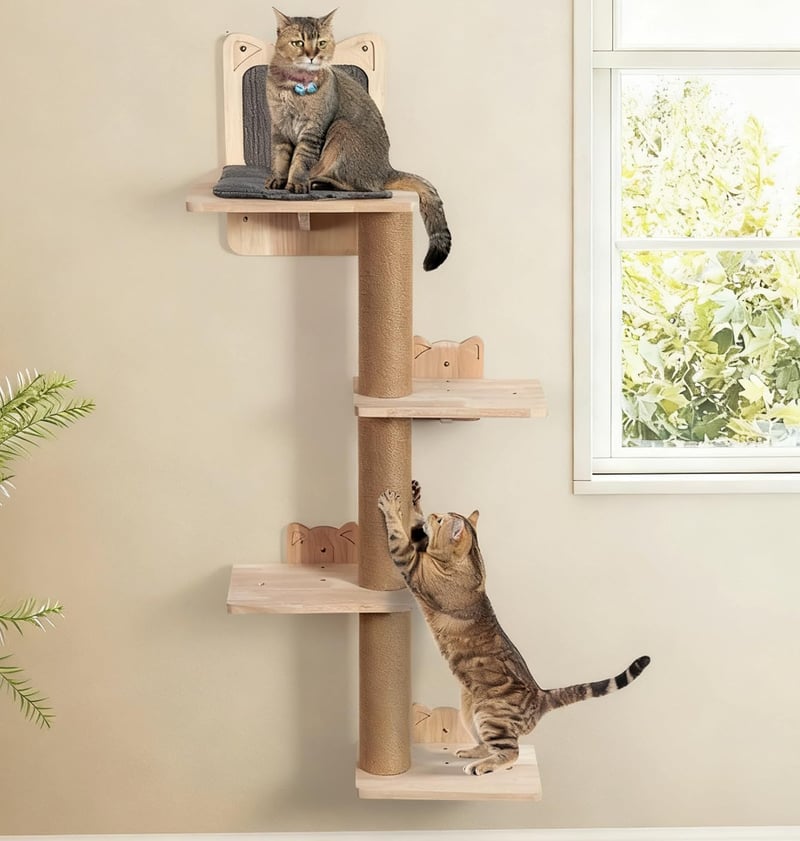 LitaiL 110 cm-es falra szerelhető macskakarcsoló 4 szinttel, valódi fa, szürke