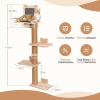LitaiL 110 cm-es falra szerelhető macskakarcsoló 4 szinttel, valódi fa, szürke 4