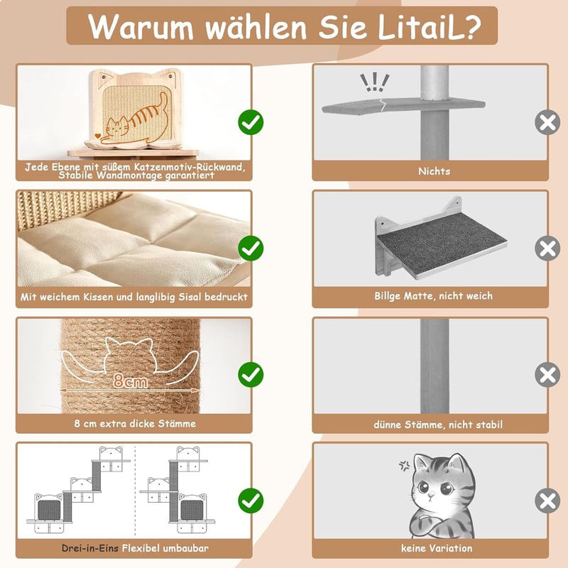 LitaiL 110 cm-es falra szerelhető macskakarcsoló 4 szinttel, valódi fa, szürke