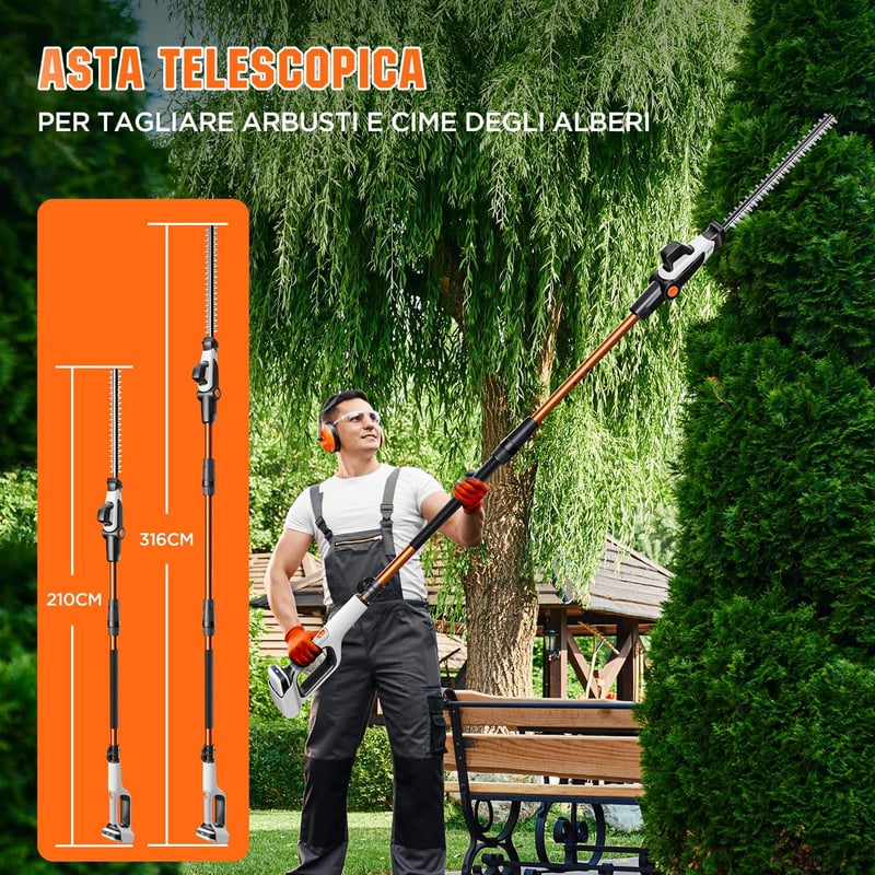 Litheli 20V 2az1-ben Teleszkópos Sövényvágó Elektromos Ágvágó Dönthető Fejjel - Telescopic with 2.0 Ah Battery