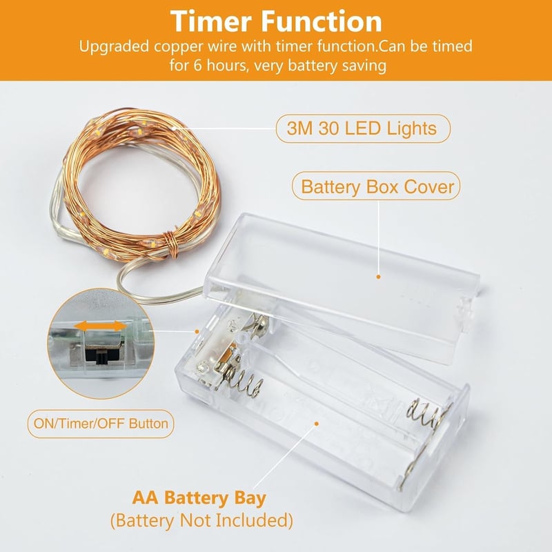 litogo 6 db LED Tündérfény Elemmel, 3m 30 LED Rézhuzal, Meleg Fehér, Időzítővel - 6 Stück mit Timer, Warm White