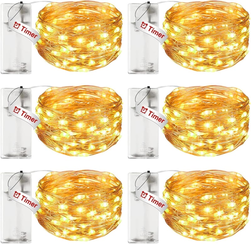 litogo 6 db LED Tündérfény Elemmel, 3m 30 LED Rézhuzal, Meleg Fehér, Időzítővel - 6 Stück mit Timer, Warm White