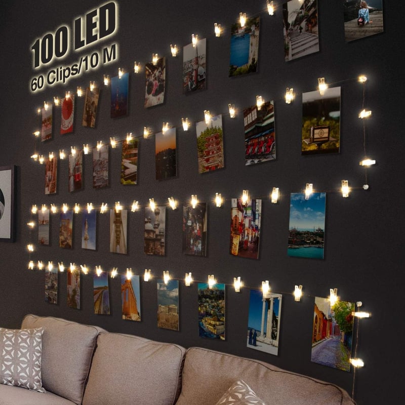 Litogo LED Fotócsipeszes Fényfüzér 10m 100 LED 60 Csipesszel - Elemes Dekorációs Világítás Képekhez, Falra, Szobába, Kültérre, Vízálló