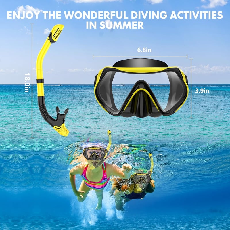 LITTLEJSY Felnőtt snorkeling szett sárga búvármaszkkal páramentesített temperált üveglencsével és száraz snorkellel