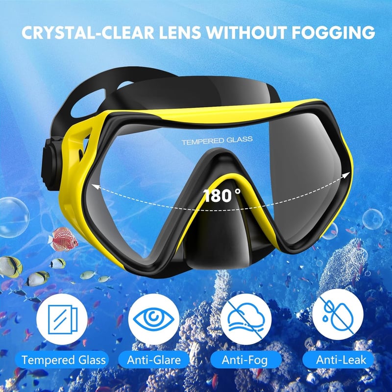 LITTLEJSY Felnőtt snorkeling szett sárga búvármaszkkal páramentesített temperált üveglencsével és száraz snorkellel