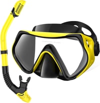 LITTLEJSY Felnőtt snorkeling szett sárga búvármaszkkal páramentesített temperált üveglencsével és száraz snorkellel 1