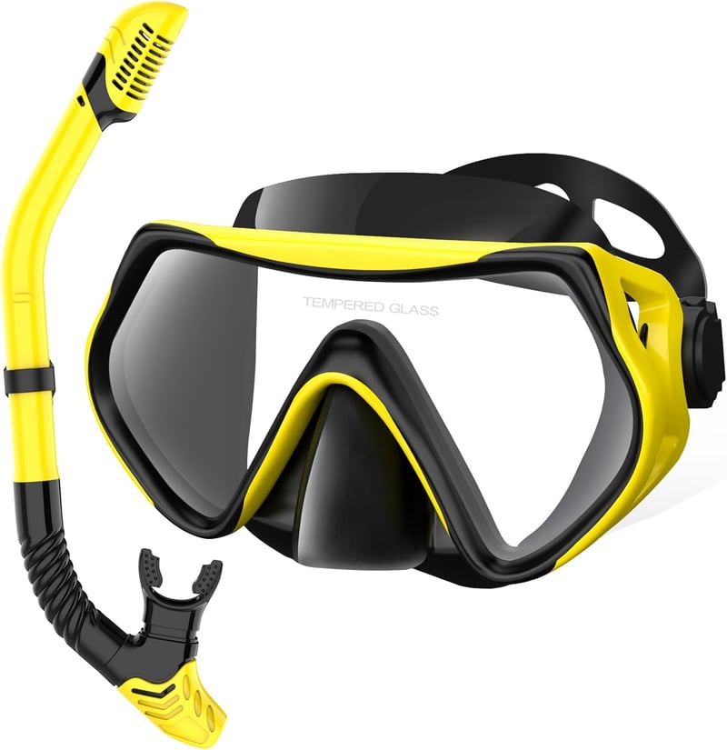 LITTLEJSY Felnőtt snorkeling szett sárga búvármaszkkal páramentesített temperált üveglencsével és száraz snorkellel