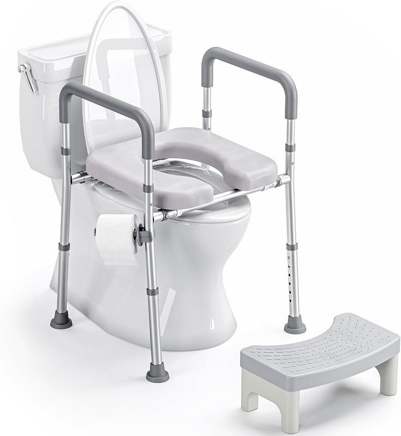 littneo Magasított WC Ülőke Kapaszkodókkal - Állítható Magasság és Szélesség, Kivehető Párnázat, 150kg Teherbírás, Időseknek, Mozgáskorlátoz