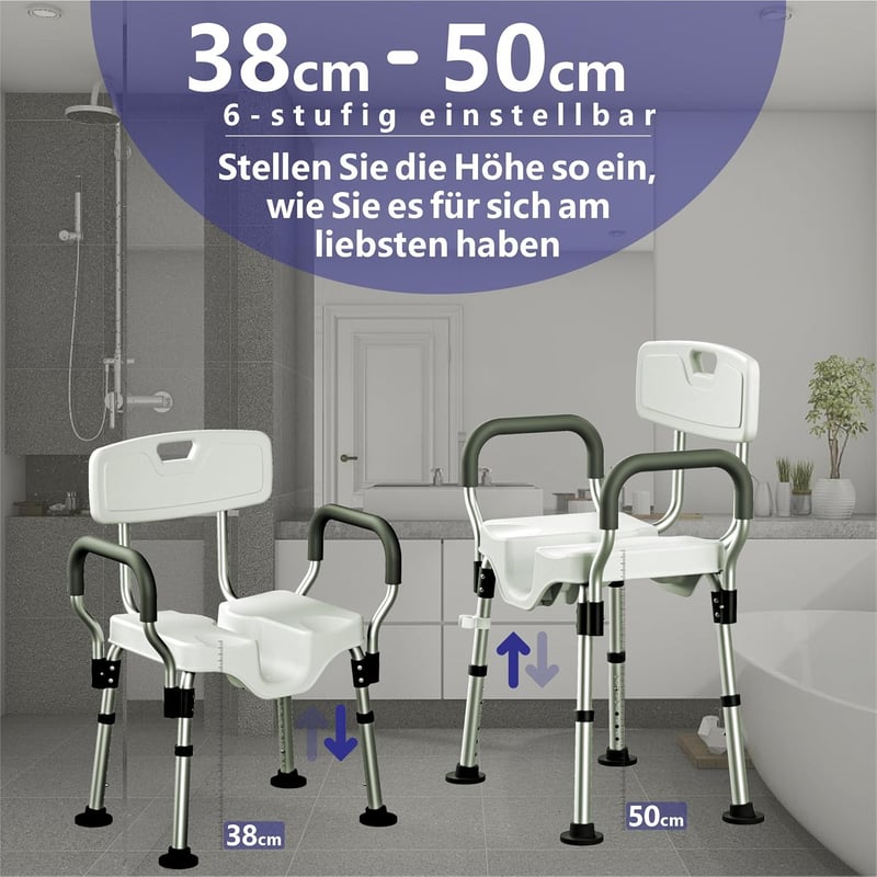 LITTNEO magasságállítható zuhanyszék karfával és támlával, 150 kg terhelhetőség